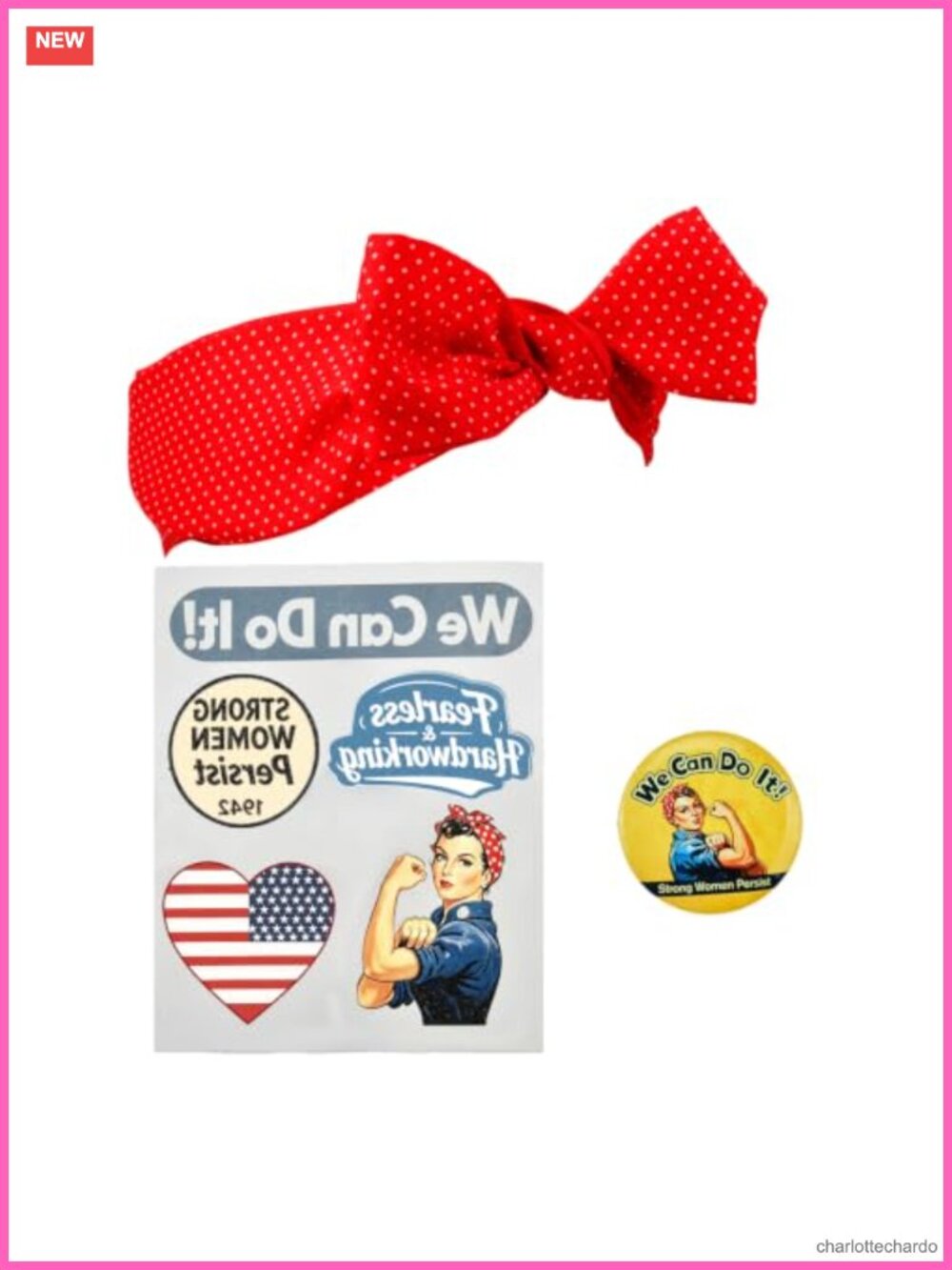 1940s Women Costume Kit Polka Dot Bandana Name Badge Pin Tattoos Retro Cosplay